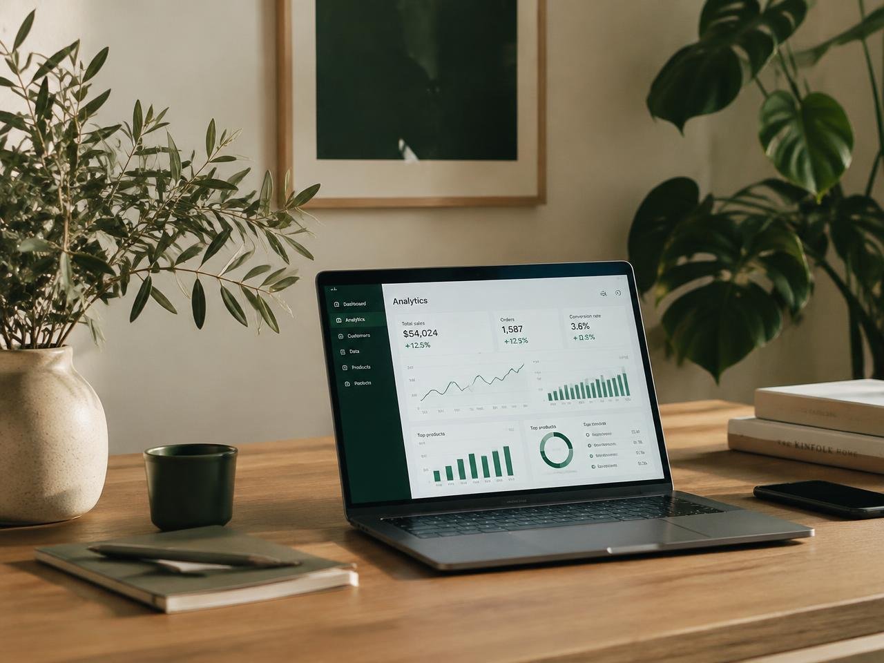 Laptop showing a marketing analytics dashboard in a calm studio